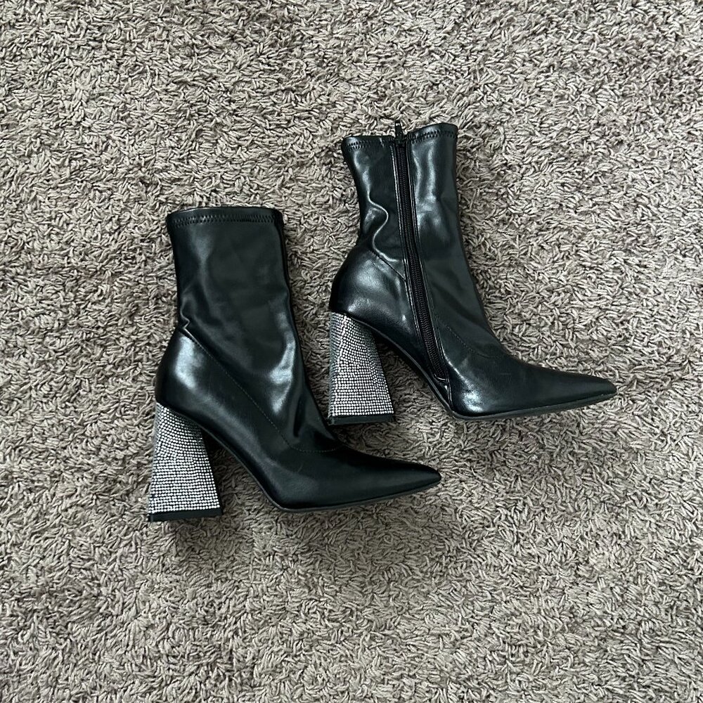 Black Leather and Rhinestone Booties